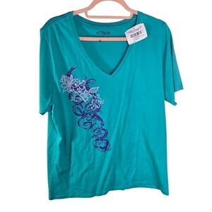 Crazy Shirts turquoise purple vine scroll floral v neck tee t shirt new